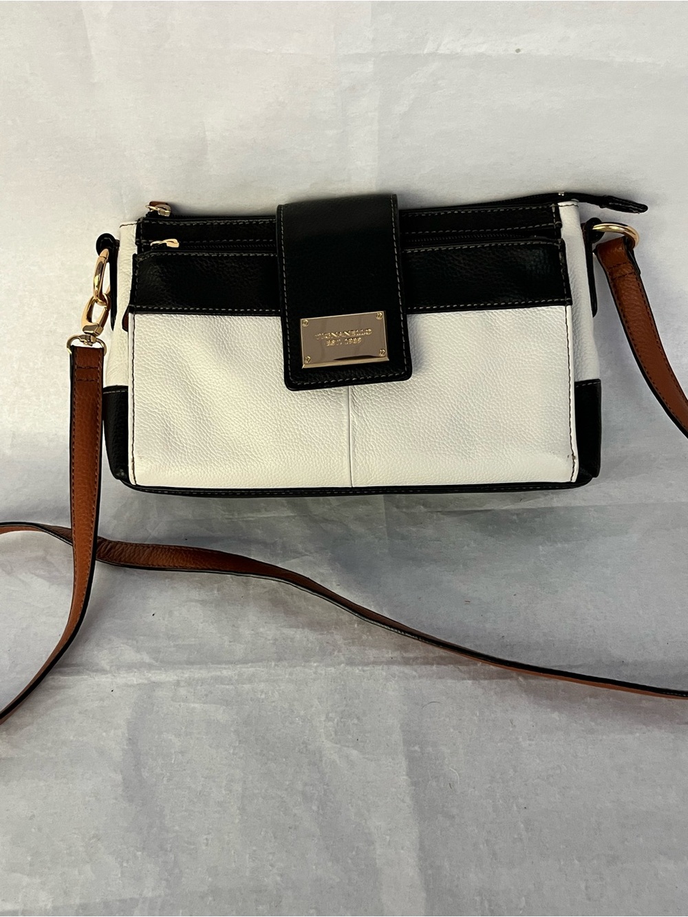 Tignanello Black & White Crossbody with Brown Strap